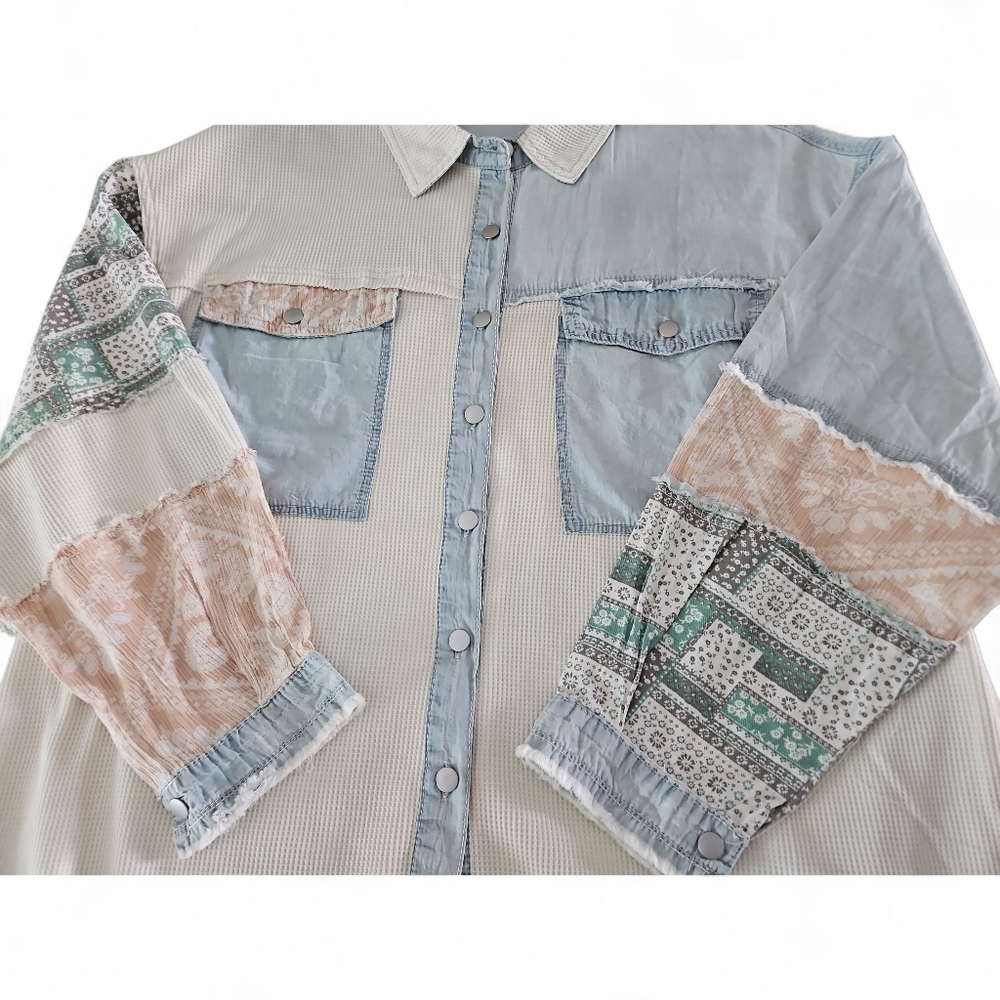 POL Patchwork Denim Shirt/Jacket Blue Ivory Sz L - Picture 10 of 12